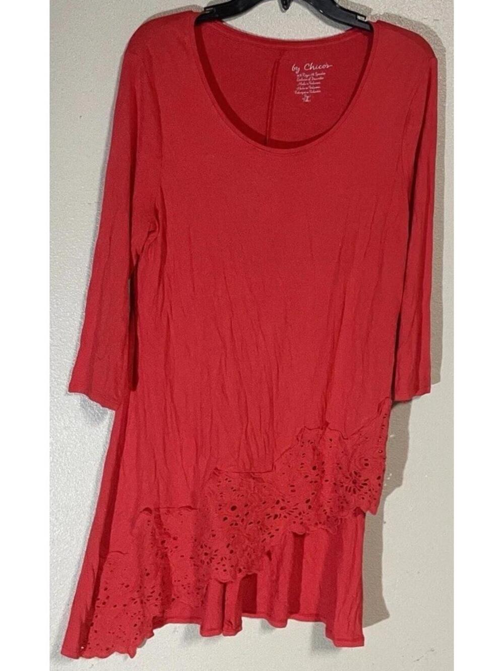 Chico Size One Long Sleeve Lace Trim  Asymmetric Solid Red Free Shipping